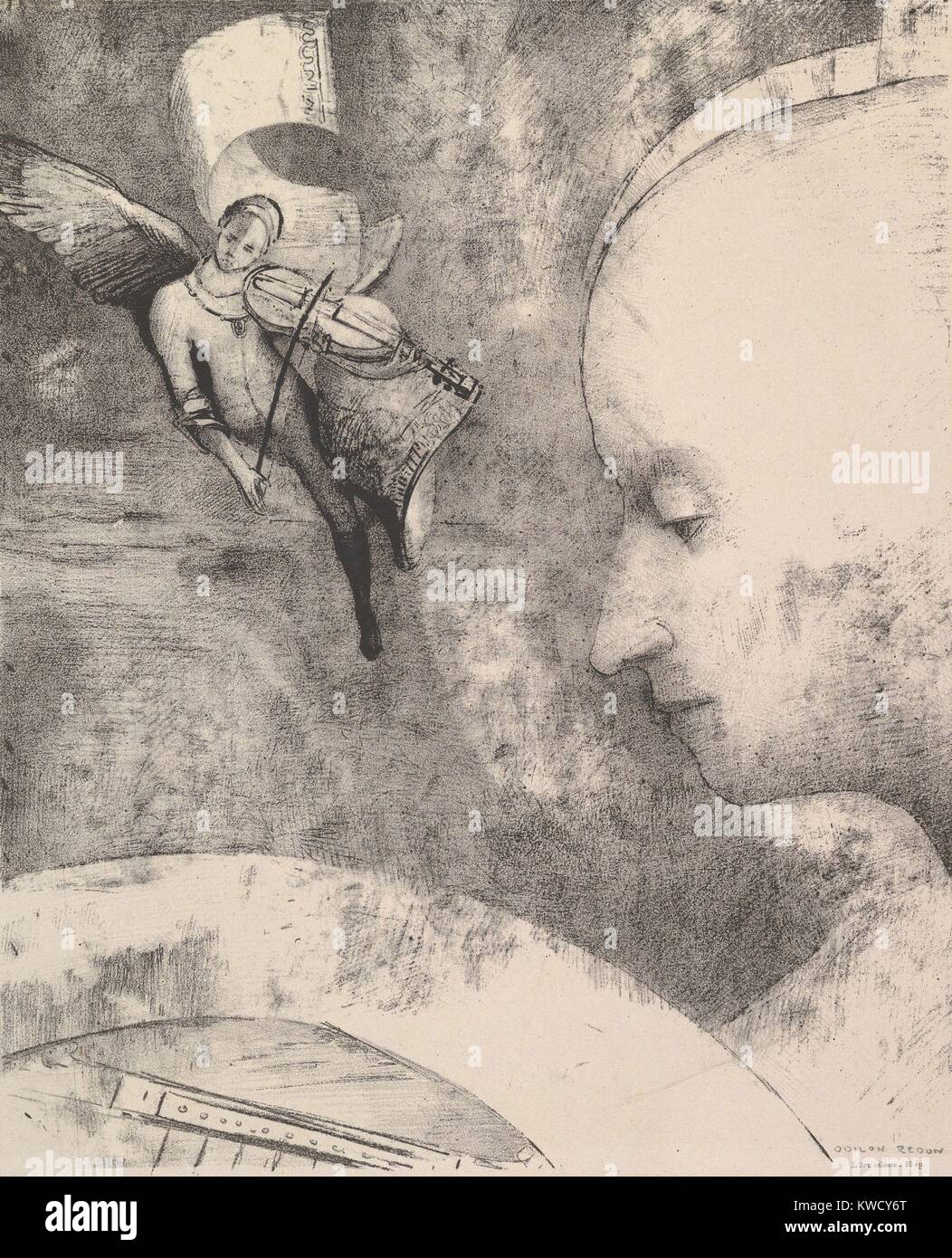 The Celestial Art, by Odilon Redon, 1894, French Symbolist print, lithograph. Anticipating Surrealism, Redons lithograph juxtaposed a floating winged figure playing a violin with an hairless human head looking down at an enigmatic object (BSLOC 2017 5 131) Stock Photo