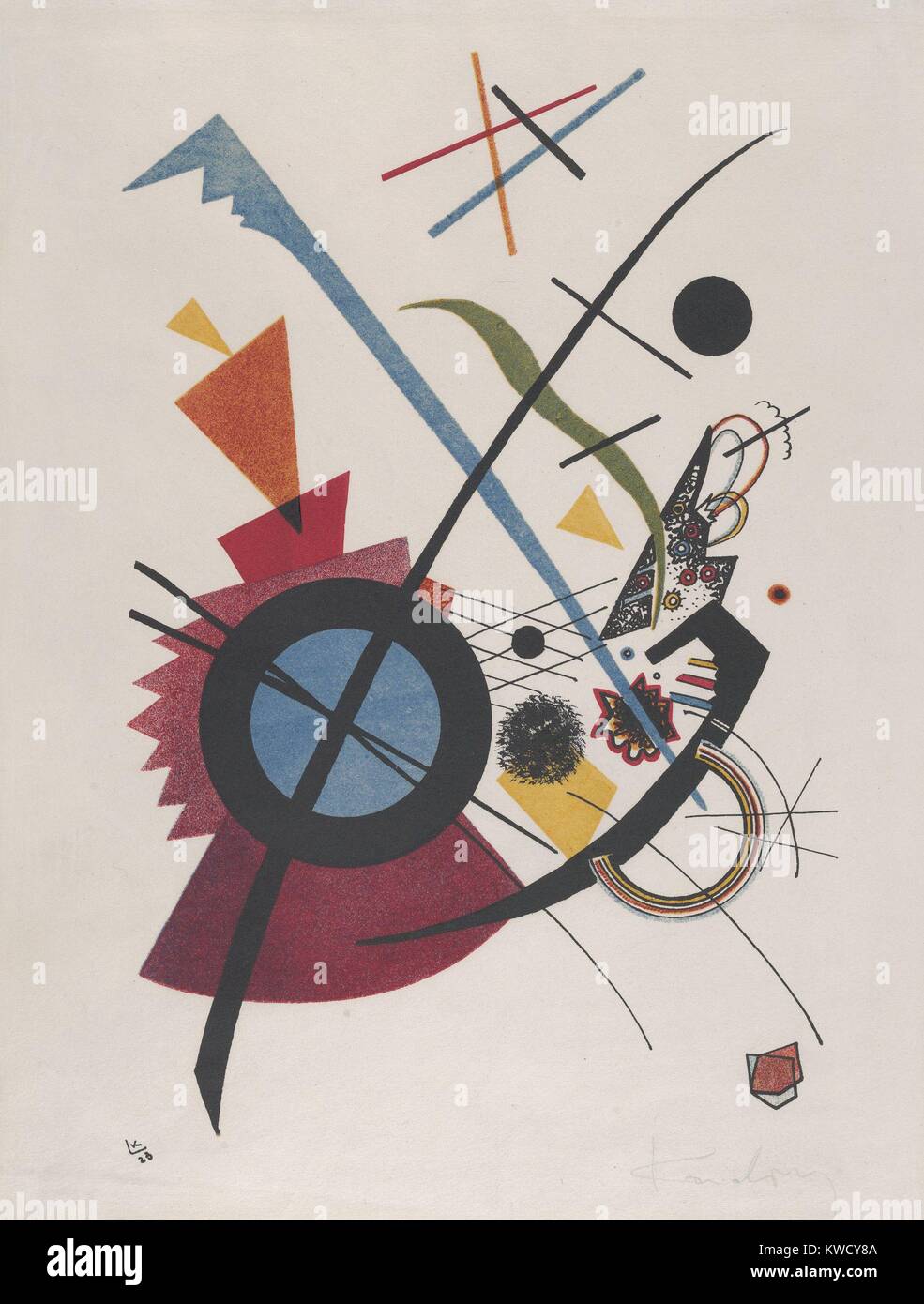 Violett, by Vasily Kandinsky, 1923, Russian French Expressionist print, lithograph. Geometrical elements, circles, arcs, triangles, straight lines and curves, mix with irregular hand drawn forms in this abstract lithograph (BSLOC 2017 5 148) Stock Photo