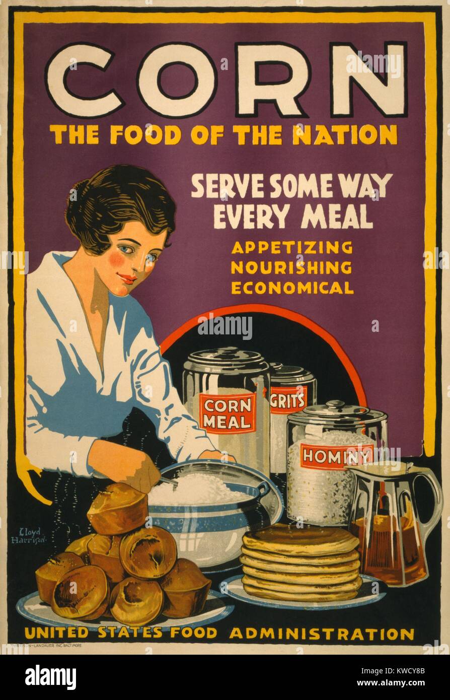 CORN-FOOD OF THE NATION. American World War 1 poster promoting corn in 1918. Wheat conservation was necessary to feed America’s growing Army, and to relieve famine in Europe (BSLOC 2017 1 57) Stock Photo