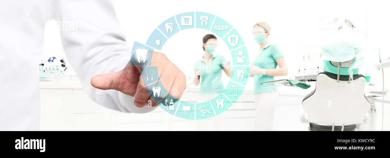 Dentist Hand Touch Screen Teeth Icons And Symbols On Dental Clinic