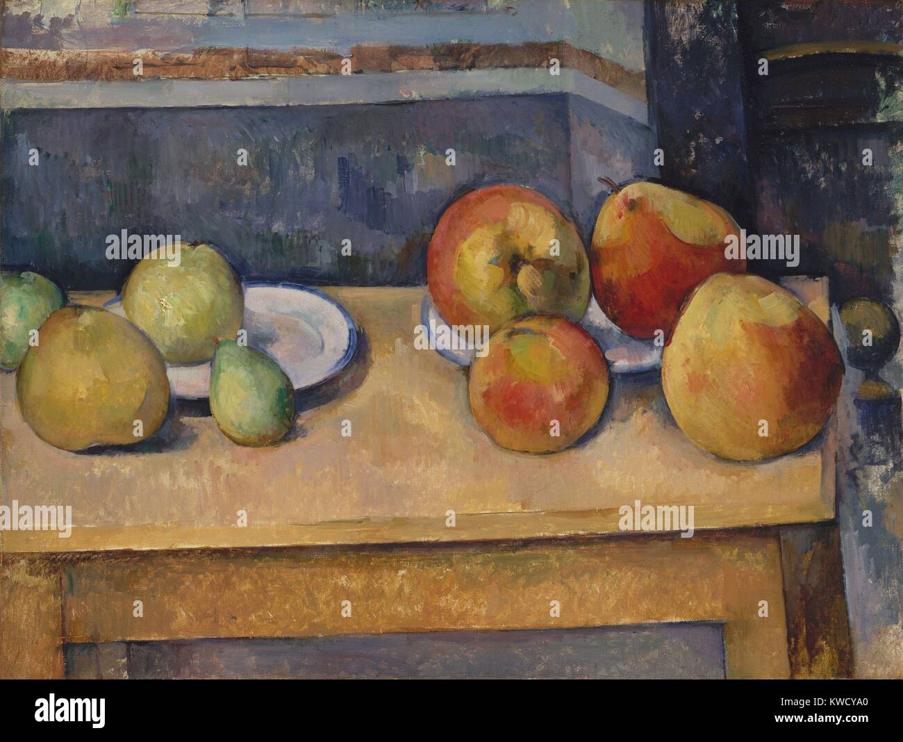 Still Life with Apples and Pears, by Paul Cezanne, 1891-92, French Post-Impressionist oil painting. The physical solidity of the fruits contrasts with the ambiguous space around them (BSLOC 2017 5 24) Stock Photo