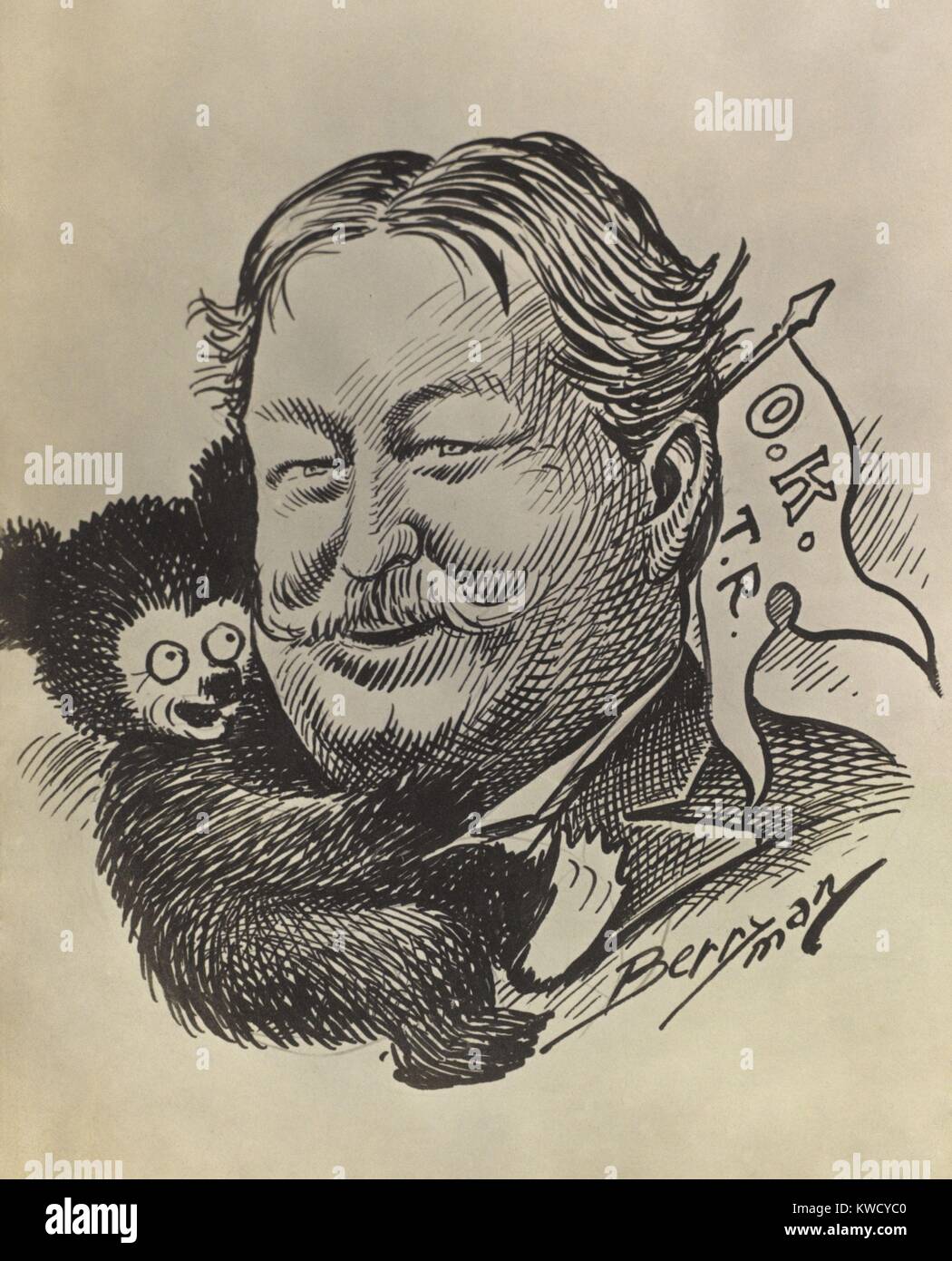 William Howard Taft, being hugged by Teddy Bear holding pennant O.K. T.R. Theodore Roosevelt championed Taft as his successor, favoring him over other Republican hopefuls including V.P. Charles Fairbanks, and N.Y. Governor Charles Evans Hughes (BSLOC 2017 2 101) Stock Photo