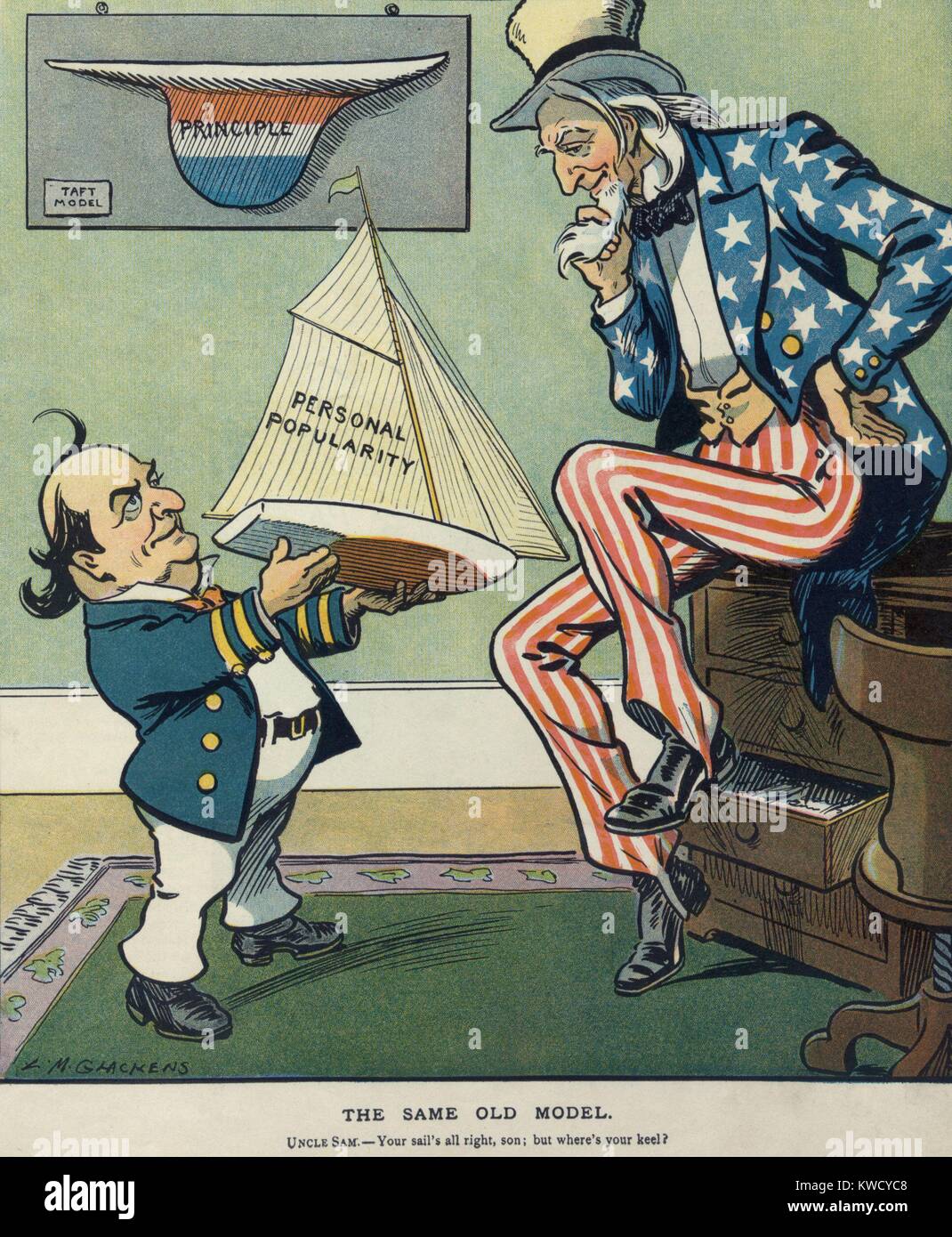 THE SAME OLD MODEL, 1908 political cartoon from PUCK magazine. William Jennings Bryan shows a model sailboat labeled Personal Popularity to Uncle Sam. Bryans boat is missing a keel, compared to the Taft model, which has one labels Principle (BSLOC 2017 2 103) Stock Photo