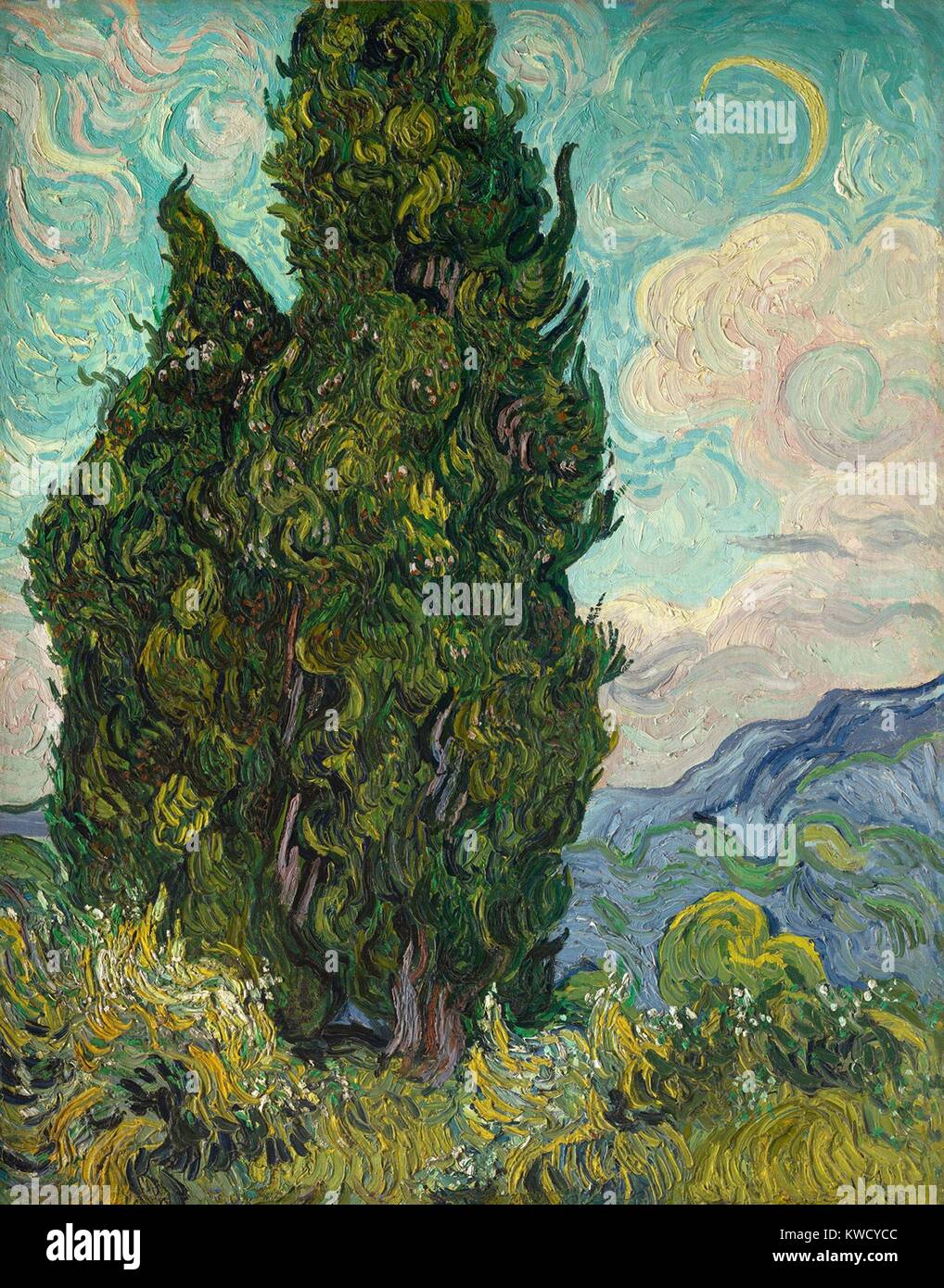 Cypresses, by Vincent Van Gogh, 1889, Dutch Post-Impressionist, oil on canvas. Van Gogh described the cypress as the dark patch in a sun-drenched landscape. It was shown in the Salon des Independents in Paris in 1890. (BSLOC 2017 5 54) Stock Photo