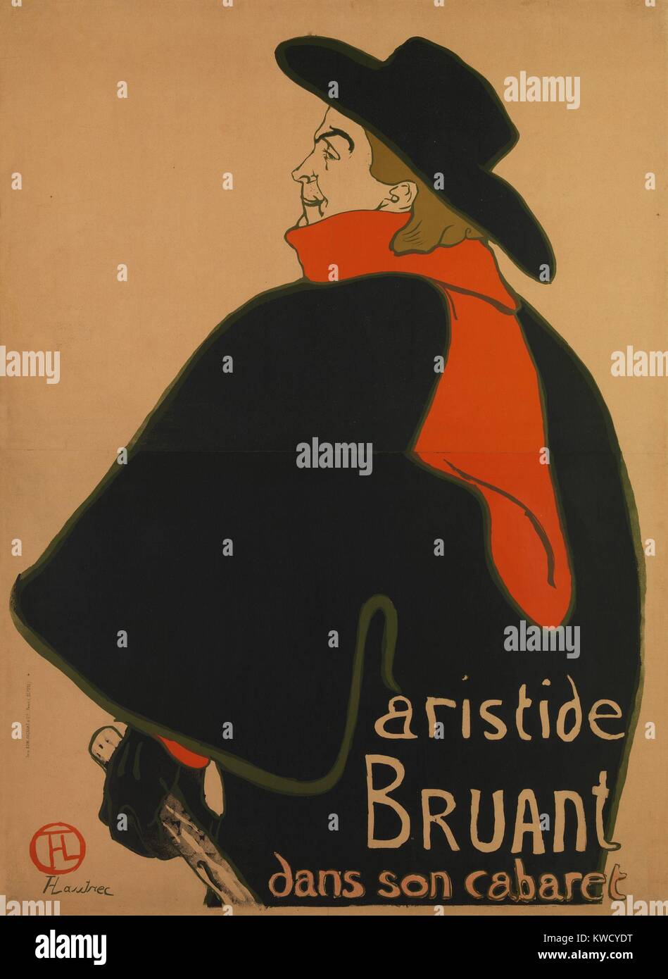 Aristide Bruant, at His Cabaret, by Henri de Toulouse-Lautrec, 1893, French Post-Impressionist print. Lautrec made this lithographic poster to promote performances of singer Aristide Bruant at up-scale cafe-concerts on the Champs-Elysees. Lautrec emphasiz (BSLOC 2017 5 68) Stock Photo