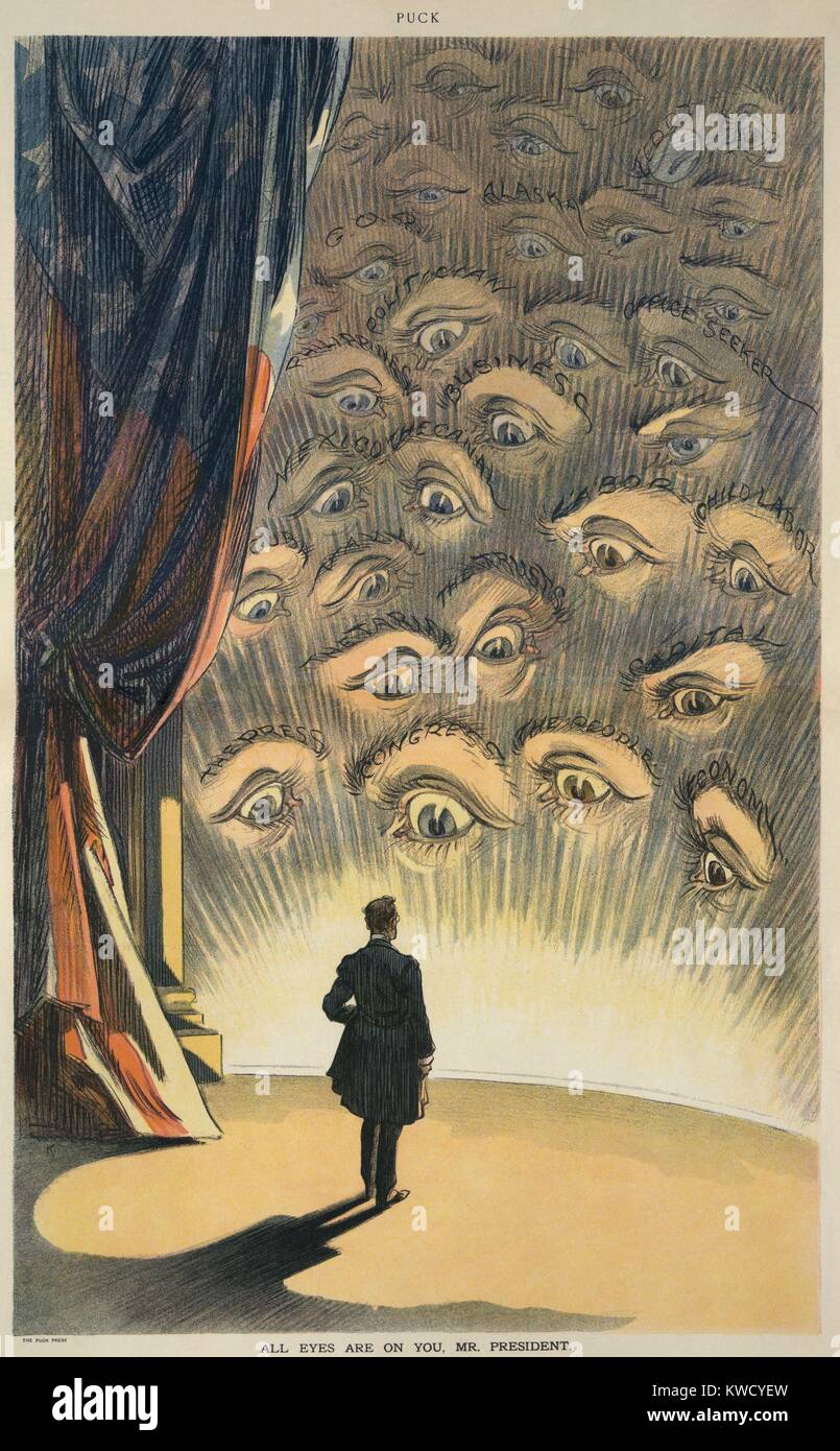 ALL EYES ARE ON YOU, MR. PRESIDENT, a political cartoon in Puck Magazine, March 5, 1913. President Wilson stands on stage facing an audience of eyes labeled: The Press, Congress, The People, Economy, The Tariff, Capital, The Trusts, Cuba, Navy, Labor, Child Labor, Mexico, The Canal, Philippines, Business, Politician, G.O.P., Office Seeker, Alaska, and Teddy (BSLOC_2017_2_136) Stock Photo