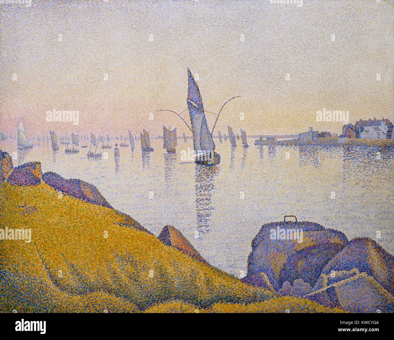 Evening Calm, Concarneau, Opus 220, (Allegro Maestoso), by Paul Signac, 1891, French Post-Impressionist. This oil on canvas painting depicts fishing boats near the French town of Concarneau, in Brittany. Signac gave his Concarneau paintings musical sub-ti (BSLOC 2017 5 90) Stock Photo