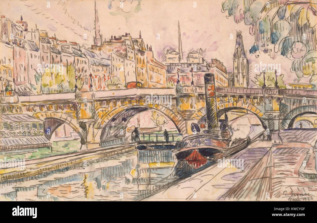 Tugboat at the Pont Neuf, Paris, by Paul Signac, 1923, French Post-Impressionist, watercolor painting. Signac applied watercolor over a black crayon drawing in this cityscape (BSLOC 2017 5 93) Stock Photo