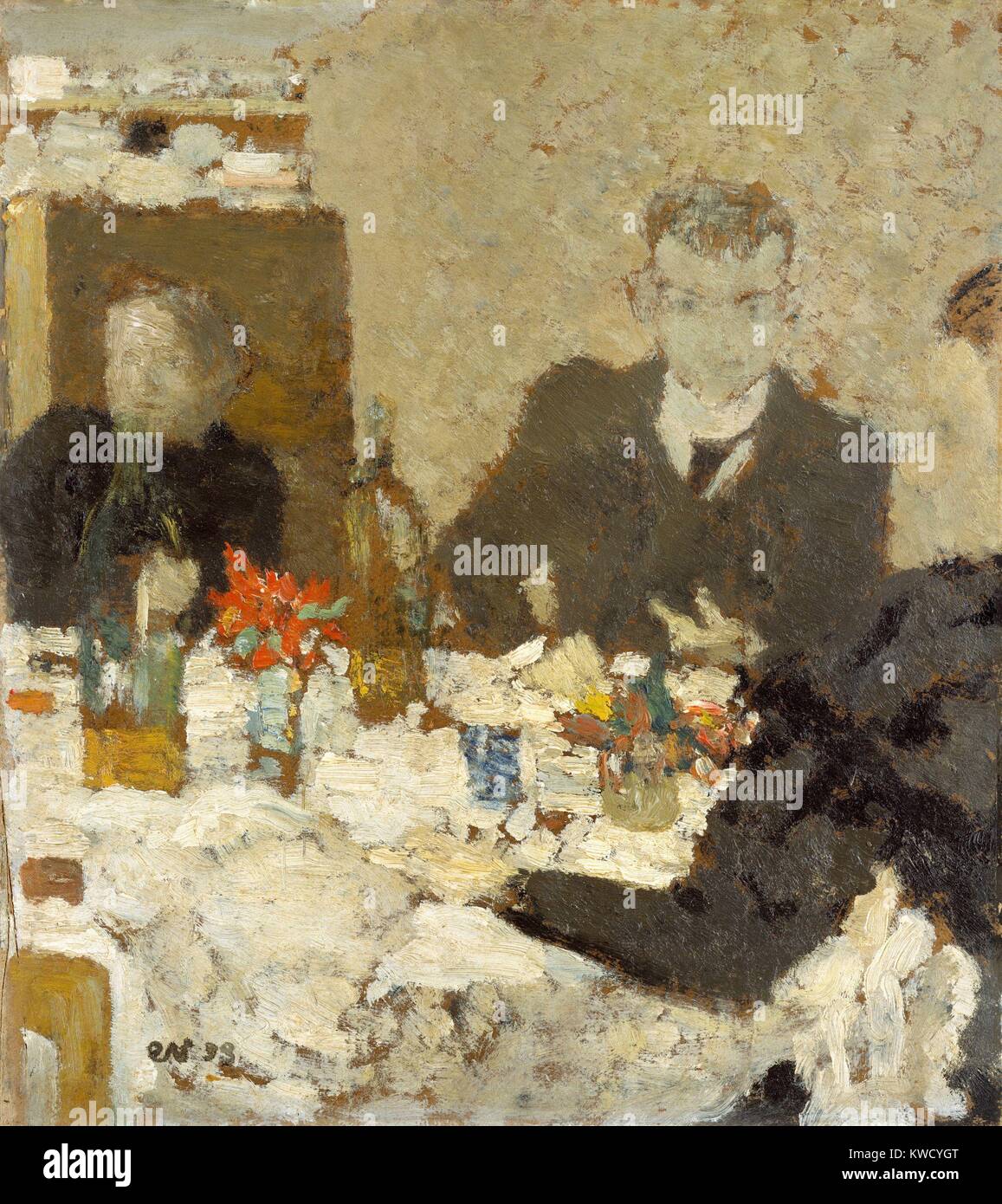 At Table, by Edouard Vuillard, 1893, French Post-Impressionist, oil painting on cardboard. This small picture of 12 x 10 inches, depicts an interior with three indistinctly painted figures dining (BSLOC 2017 5 98) Stock Photo
