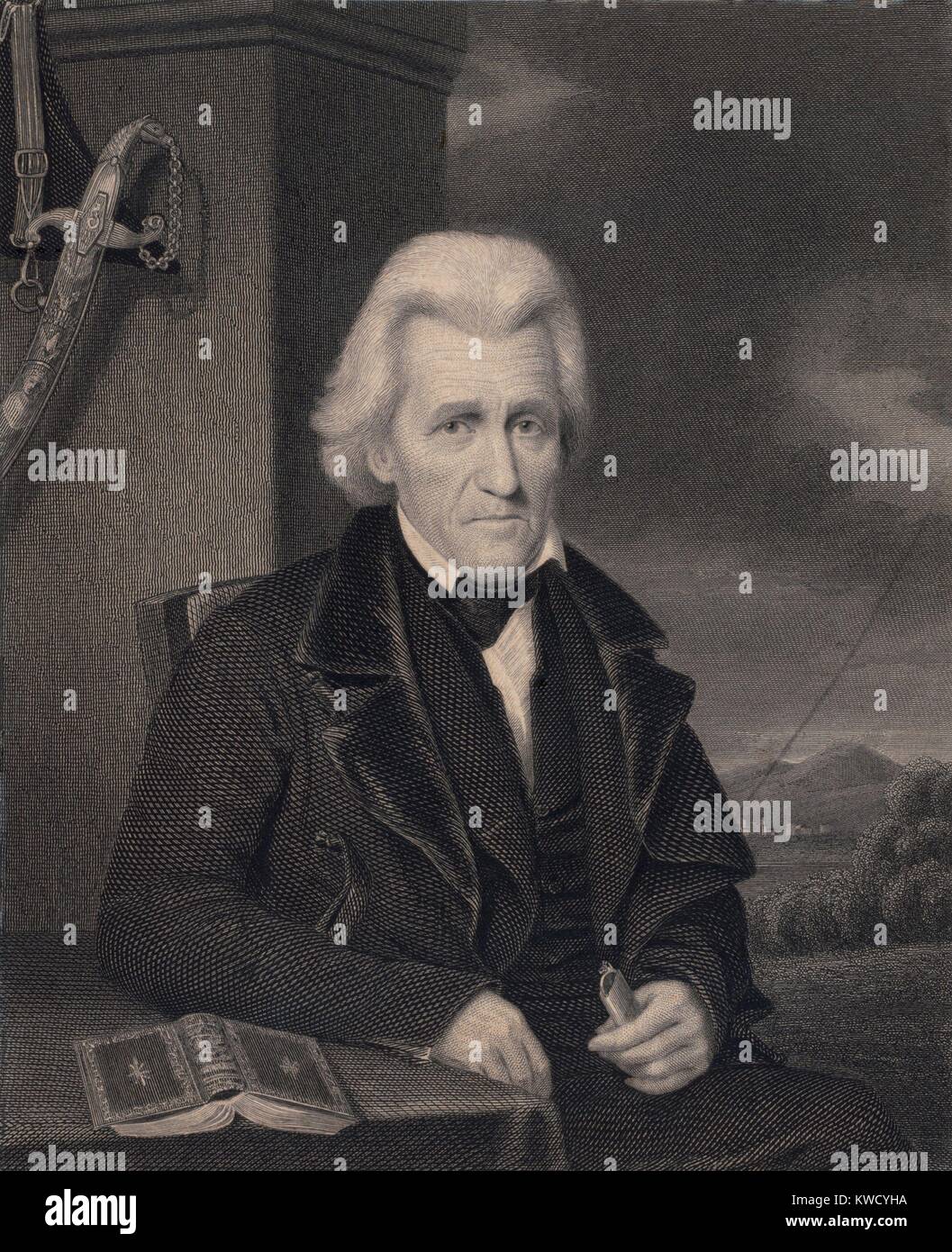 Andrew Jackson, engraving after 1842 miniature painting by Charles Havens Hunt. 1843 engraving by Moseley Isaac Danforth (BSLOC 2017 6 12) Stock Photo