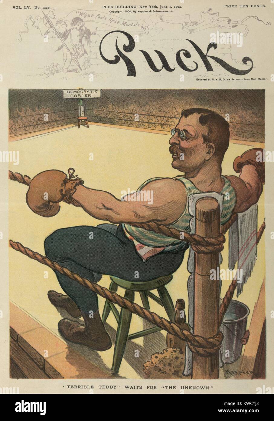TERRIBLE TEDDY WAITS FOR THE UNKNOWN, cartoon in PUCK Magazine, June 1, 1904. Republican President Theodore Roosevelt as a boxer, waiting for his Democratic opponent in the 1904 election (BSLOC 2017 6 23) Stock Photo