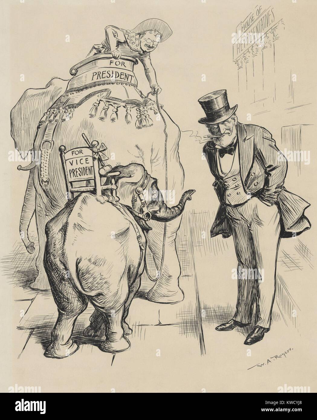 TOO BL--KTY SMALL FOR UNCLE JOE, 1904 cartoon about Cannons rebuff of the Vice Presidency. Theodore Roosevelt on a big elephant, fails to entice Joseph Gurney Cannon, Speaker of the House of Representatives, to be his running mate (BSLOC 2017 6 25) Stock Photo