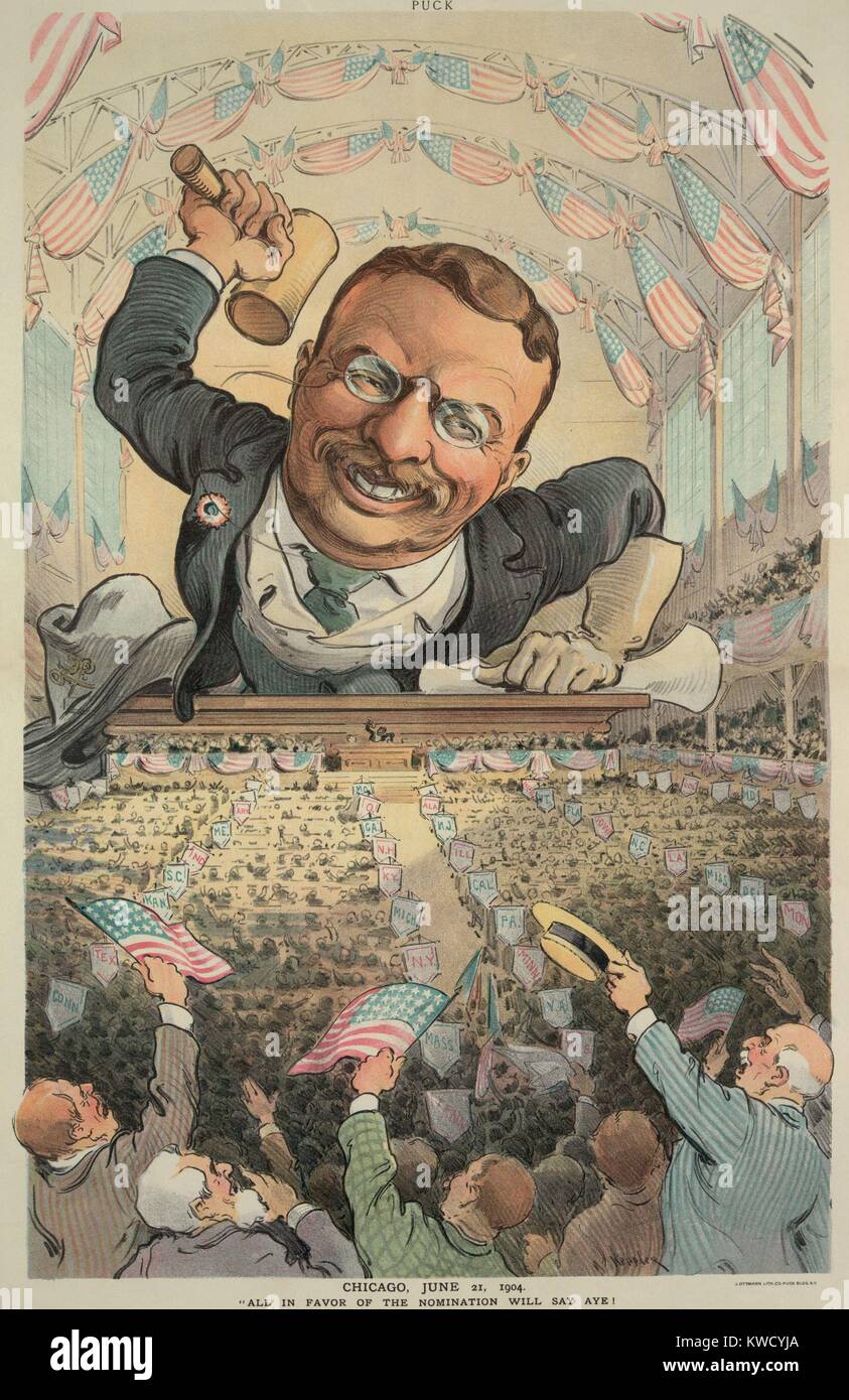 CHICAGO, JUNE 21, 1904. ALL IN FAVOR OF THE NOMINATION WILL SAY AYE! Cartoon in PUCK Magazine, shows an oversized Theodore Roosevelt at the Republican National Convention podium, with flag waving delegates in the foreground (BSLOC 2017 6 26) Stock Photo