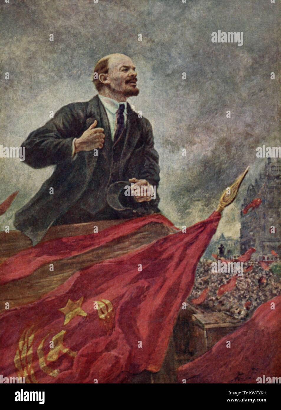 LENIN ON THE STAND, by Alexander Gerassimov, c. 1925-1940. Social-Realist painting of Lenin speaking. Gerassimov was among the most prominent and politically connected painters in mid-century Soviet Russia (BSLOC 2017 2 20) Stock Photo