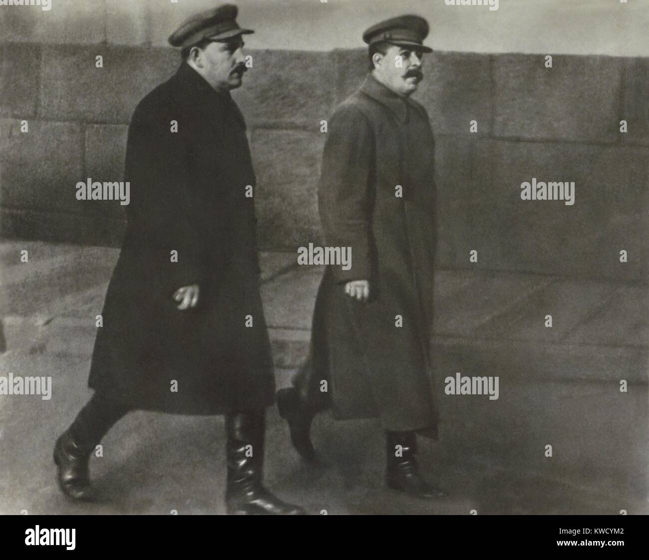 Joseph Stalin and Lazar Kaganovich attending the opening of the Moscow subway, c. 1935. Photograph by Mospo Sostawitol. Kaganovich was a long time ally who implemented Stalins policies and lived until age 97, dying in 1991 (BSLOC 2017 2 30) Stock Photo