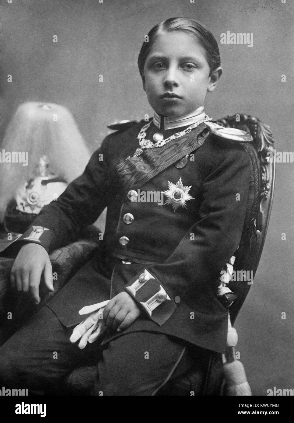 Kaiser Wilhelm II, as a 12 year old prince 1871, was the first born grandchild of Queen Victoria. His difficult birth in 1859 left him with an injured left arm, which was weak, short, and small (BSLOC 2017 2 39) Stock Photo
