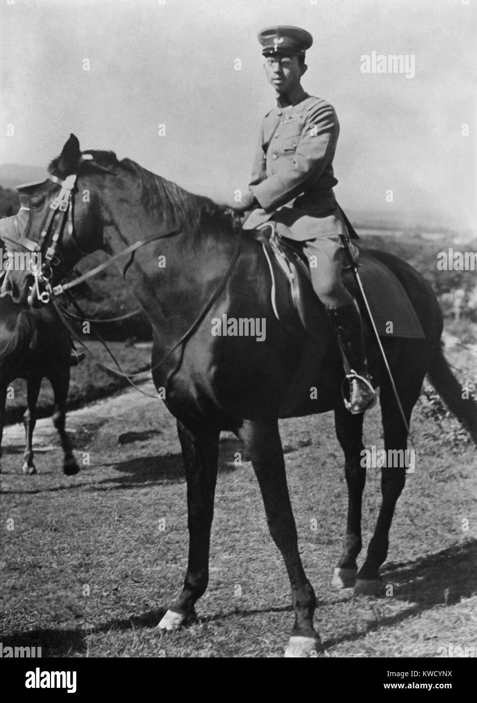 Crown Prince Hirohito, of Japan, on horseback, c. 1920. Emperor Showa was the 124th Emperor of Japan reigning from 1926-1989 (BSLOC 2017 2 74) Stock Photo