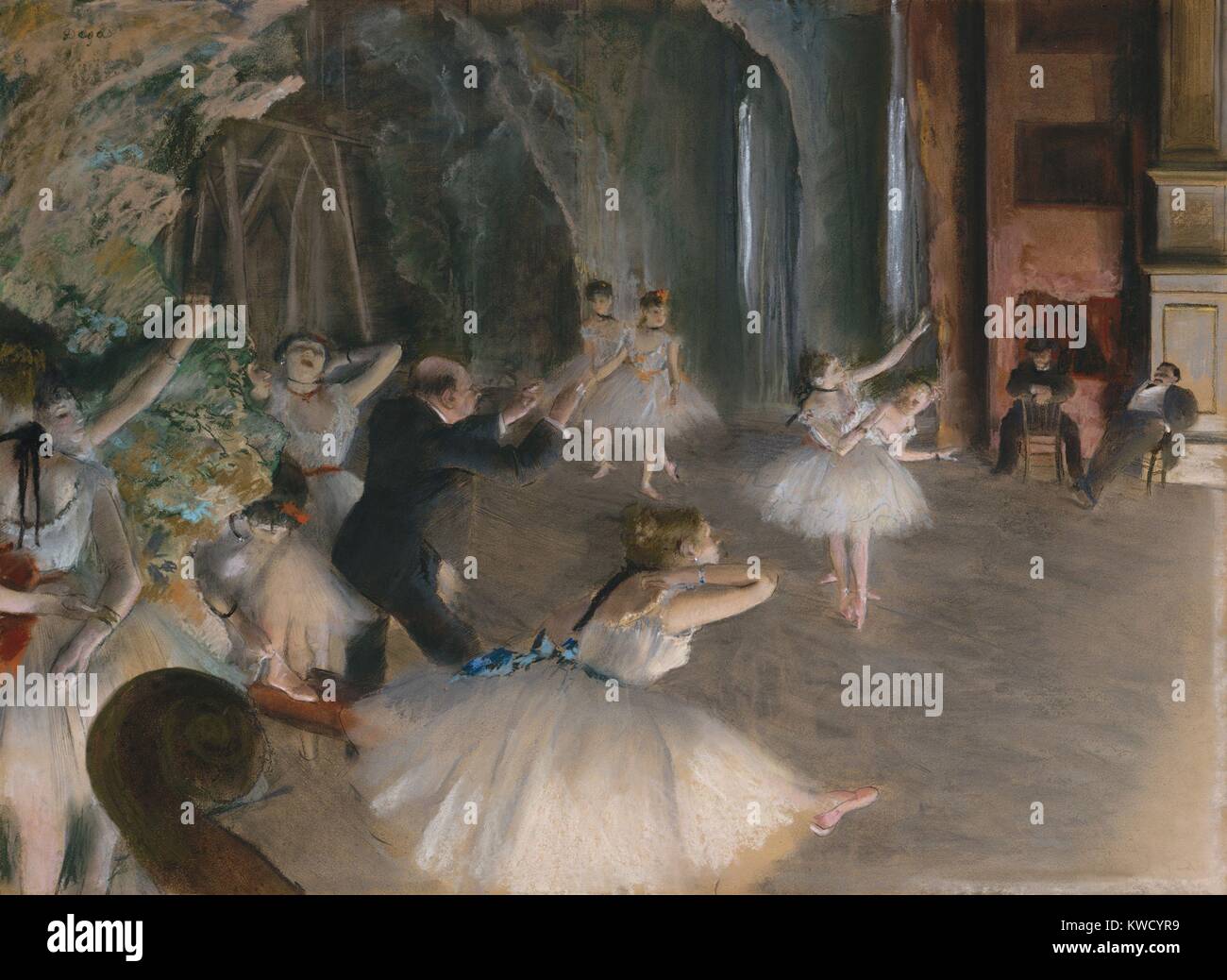 The Rehearsal Onstage, by Edgar Degas, 1874, French impressionist drawing, pastel on paper. In a second version of the rehearsal, Degas has eliminated several figures and created a less cluttered picture. There is only one cropped violin scroll at lower left (BSLOC 2017 3 104) Stock Photo