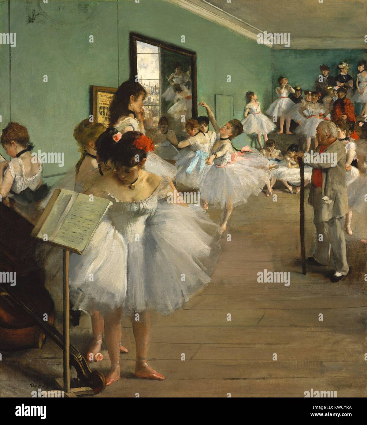 The Dance Class, by Edgar Degas, 1873, French impressionist painting, oil on canvas. Over twenty women, ballerinas and their mothers, wait while a dancer executes her examination. Jules Perrot, a famous ballet master, conducts the class (BSLOC 2017 3 105) Stock Photo