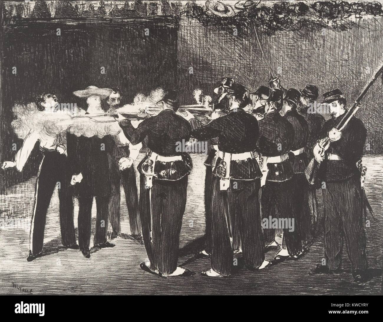 Execution of the Emperor Maximilian, by Edouard Manet, 1868, French Impressionist lithograph print. The Hapsburg prince was installed as monarch of Mexico by the French in 1864, while the US was embroiled in Civil War. Mexicans loyal to deposed president Benito Juarez ousted and executed him in 1867 (BSLOC 2017 3 12) Stock Photo