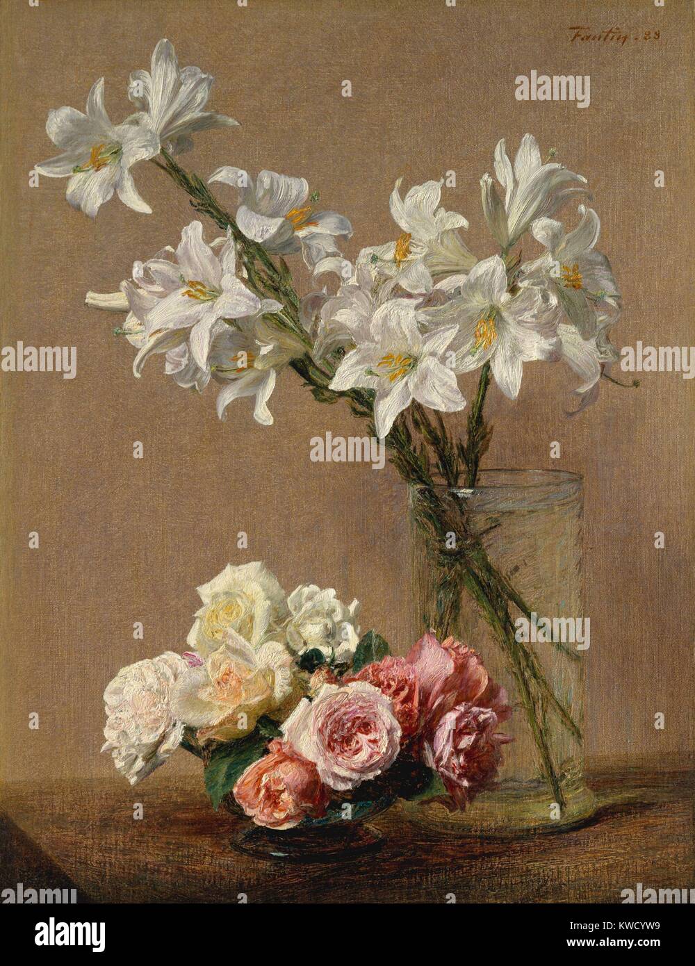 Roses and Lilies, by Henri Fantin-Latour, 1888, French impressionist painting, oil on canvas. Examination of this paintings detail, reveals Fantin-Latours use of the wood brush handle to delineate the flowers (BSLOC 2017 3 154) Stock Photo