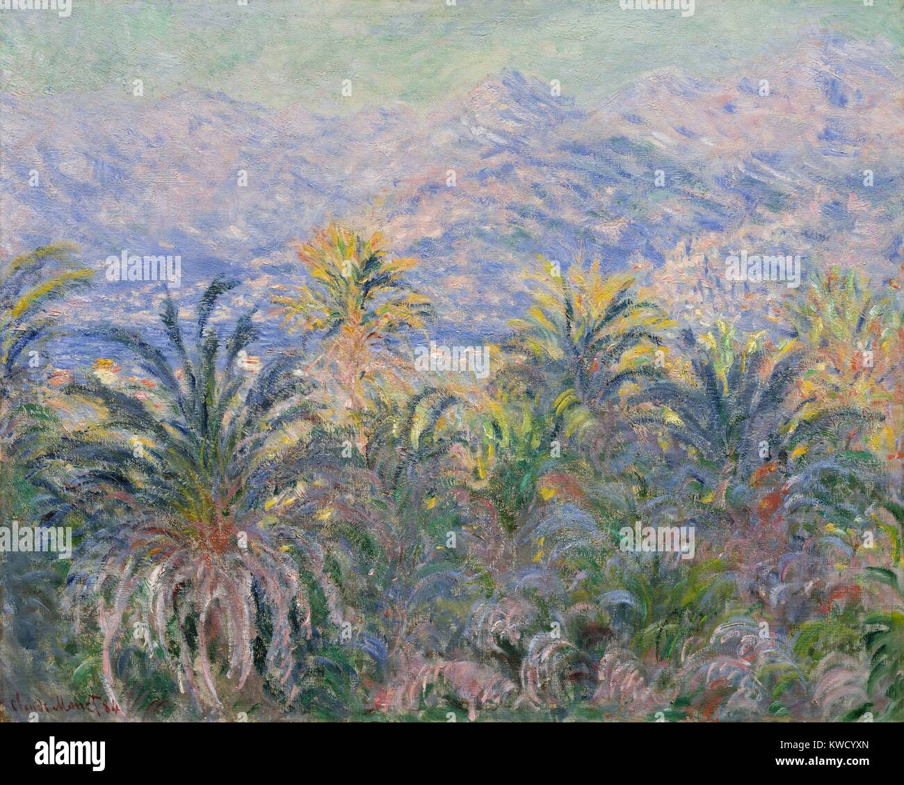 Palm Trees at Bordighera, by Claude Monet, 1884, French impressionist painting, oil on canvas. Monet painted this in the Italian Riviera, looking west across the Bay of Ventimiglia and toward the Maritime Alps (BSLOC 2017 3 37) Stock Photo