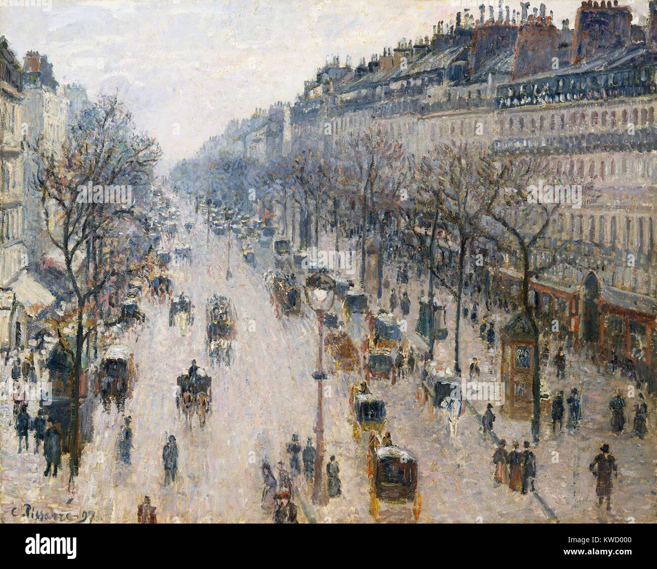 Boulevard Montmartre on Winter Morning, by Camille Pissarro, 1897, French impressionist oil painting. This view of Paris was painted from his rooms at the Grand Hotel de Russie (BSLOC 2017 3 63) Stock Photo