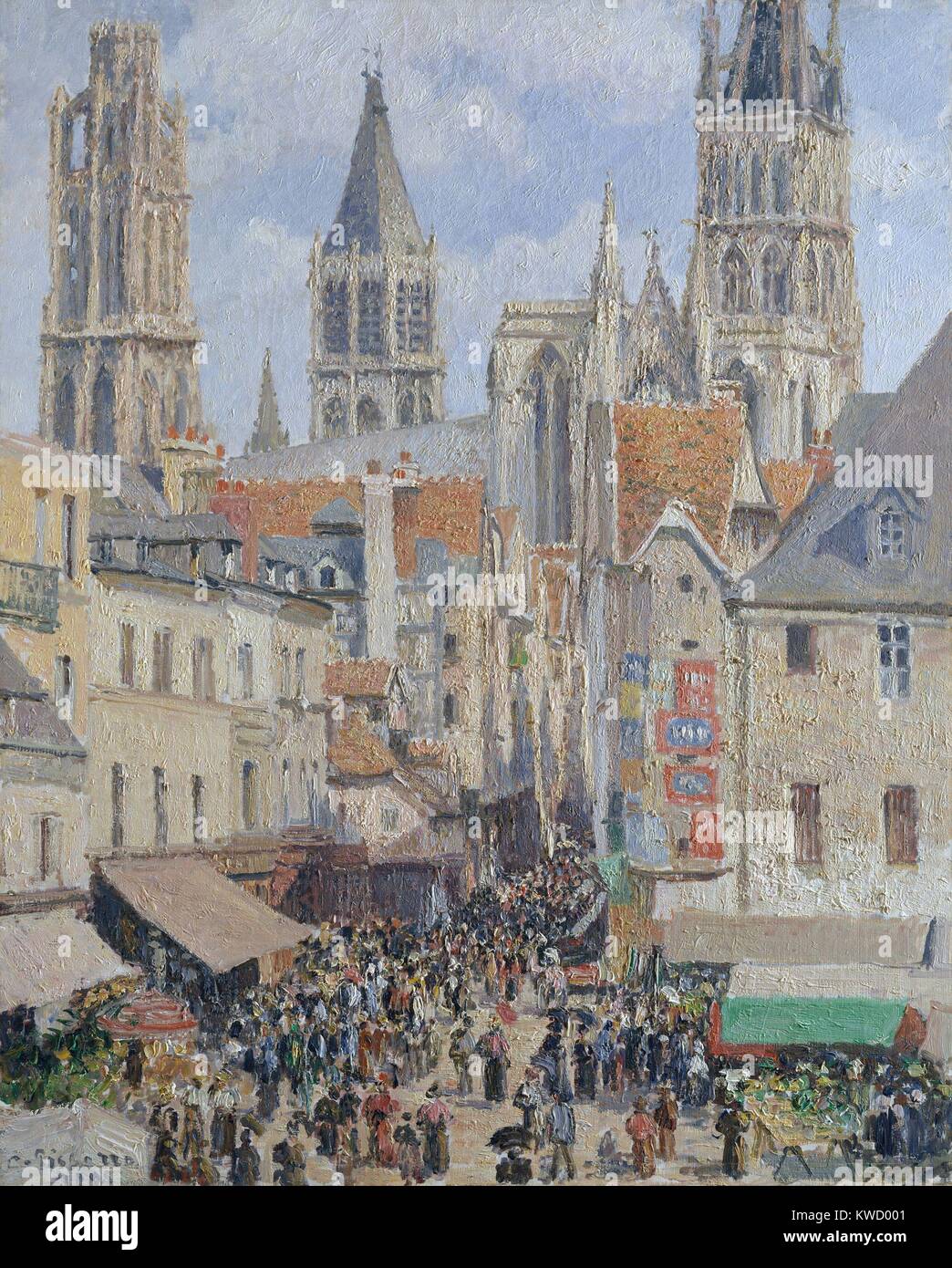 Rue de lEpicerie, Rouen (Effect of Sunlight), by Camille Pissarro, 1898, impressionist oil painting. The painting shows a market in progress and the spires of Rouen Cathedral (BSLOC 2017 3 64) Stock Photo