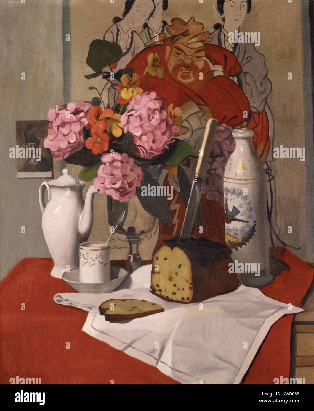Still Life with Flowers, by Felix Vallotton, 1925, Swiss/French painting, painting, oil on canvas. A print of a Rembrandt painting symbolizes traditional European painting, while the large East Asian work behind the objects references the influence of Jap (BSLOC 2017 5 118) Stock Photo