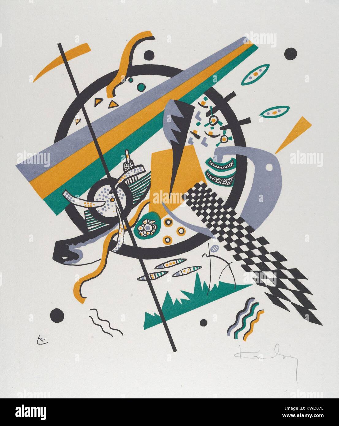 Kleine Welten III (Small Worlds IV), by Vasily Kandinsky, 1922, Russian German Expressionist print. Straight edged and sinuous flat shapes of color, circles, and hand drawn forms and an inclined checkerboard contribute to complexity on this abstract litho (BSLOC 2017 5 147) Stock Photo