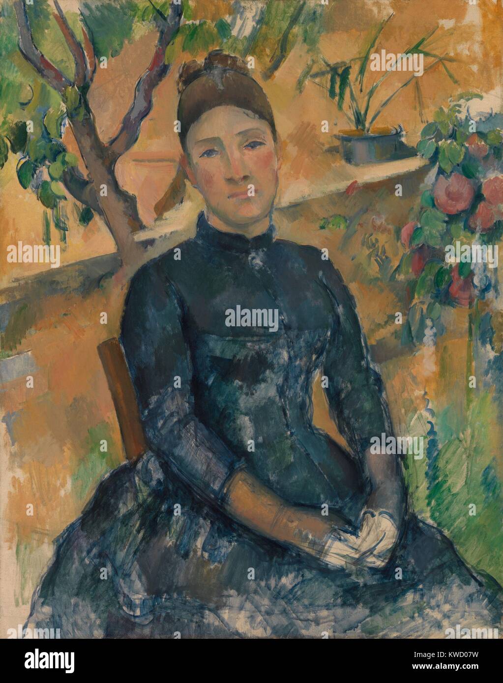Madame Cezanne, by Paul Cezanne, 1891, French Post-Impressionist painting, oil on canvas. The painting is most developed in and around the head and shoulders, with the hands and lower areas sketched in (BSLOC 2017 5 18) Stock Photo