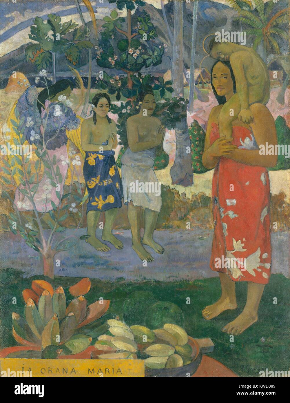 Hail Mary (Ia Orana Maria), by Paul Gauguin, 1891, French Post-Impressionist painting, oil on canvas. Gauguin devoted this first major Tahitian canvas, to a Christian theme, with an angel with yellow wings revealing a Tahitian Mary and Jesus, to island wo (BSLOC 2017 5 28) Stock Photo