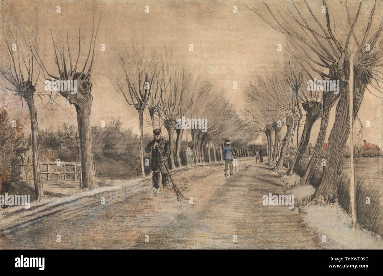 Road in Etten, by Vincent Van Gogh, 1881, Dutch Post-Impressionist drawing. This work was created during van Goghs first year as an artist when he was 28 years old. It was made with chalk, pencil, pastel, and watercolor over an under drawing in pen and b (BSLOC 2017 5 57) Stock Photo