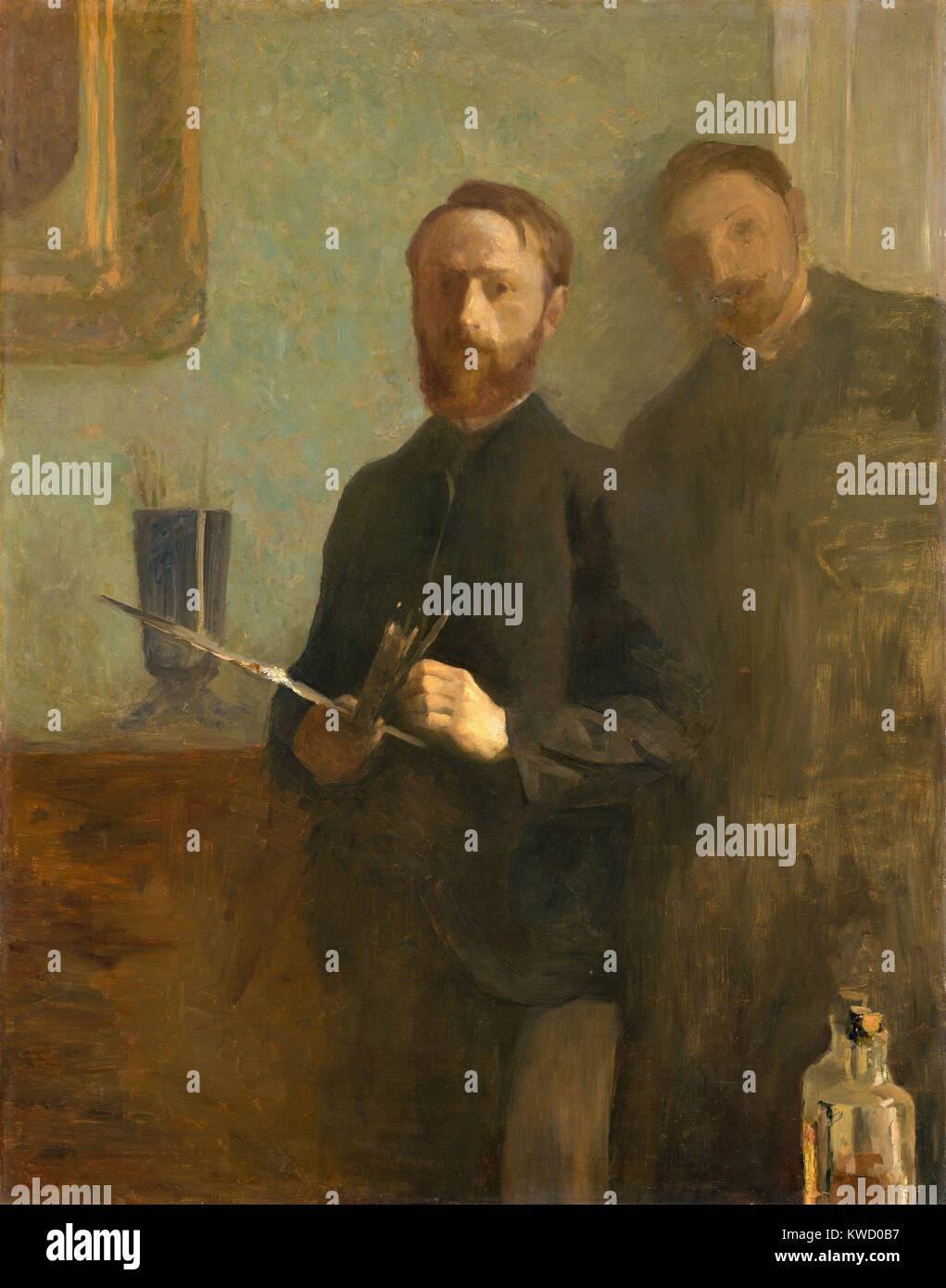 Self-Portrait with Waroquy, by Edouard Vuillard, 1889, French Post-Impressionist oil painting. The 22 year old artist holds his palette and paintbrushes. Behind him is his friend, Waroquy, with his facial features and his body sketched in. Waroquy’s name (BSLOC 2017 5 96) Stock Photo
