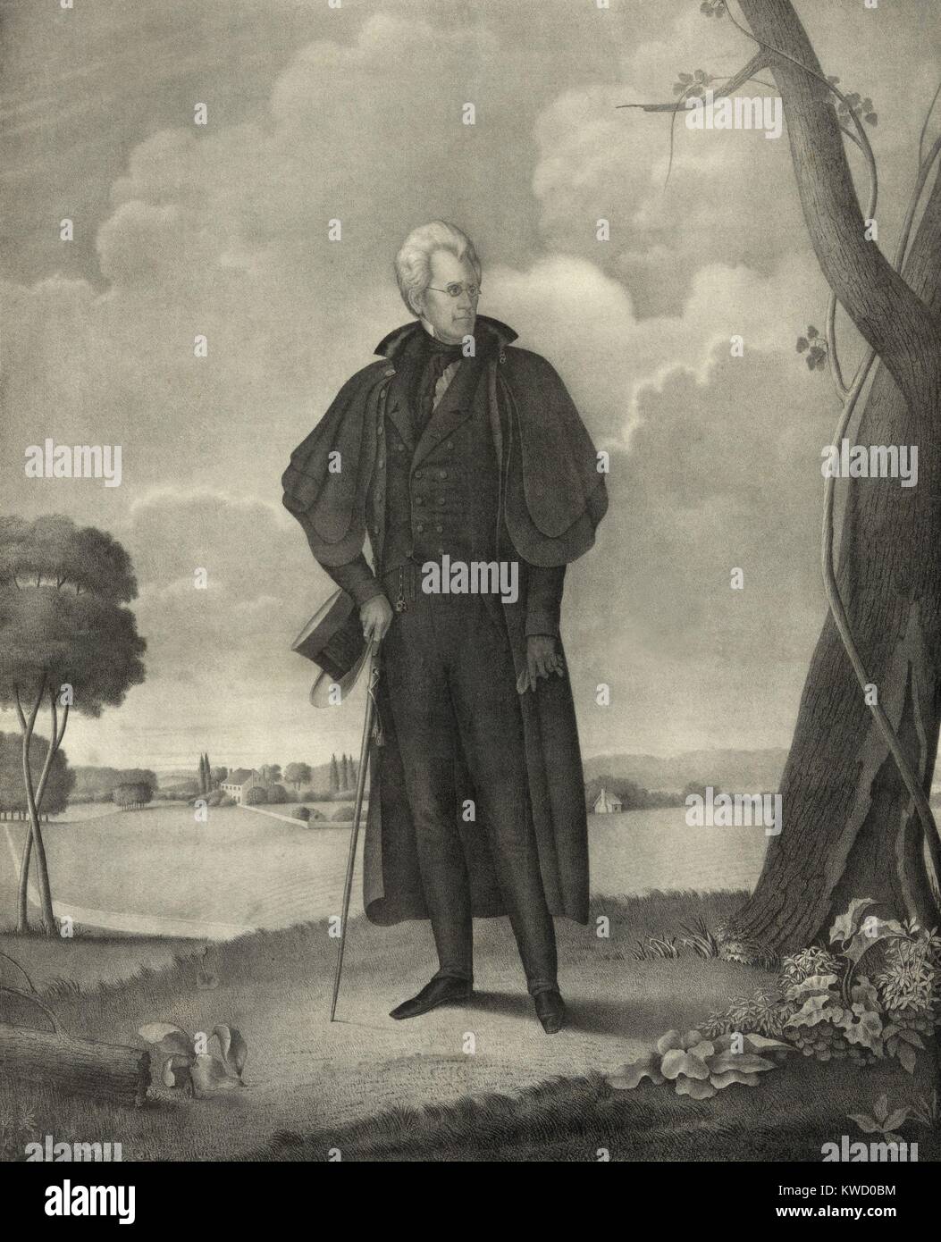 President Andrew Jackson, in full-length portrait standing in a landscape, c. 1833. Jacksons head is based on Ralph E. W. Earls portrait of Jackson with eyeglasses made in Nashville in 1832. The rest are the inventions of the artists at Pendletons Lithography of Boston (BSLOC 2017 6 18) Stock Photo