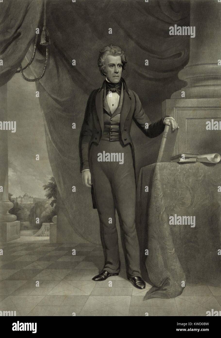 President Andrew Jackson, in the White House with a view of the Capitol, c. 1840-1870. Engraving by John Sartain, after a painting by James Reid Lambdin (BSLOC 2017 6 21) Stock Photo