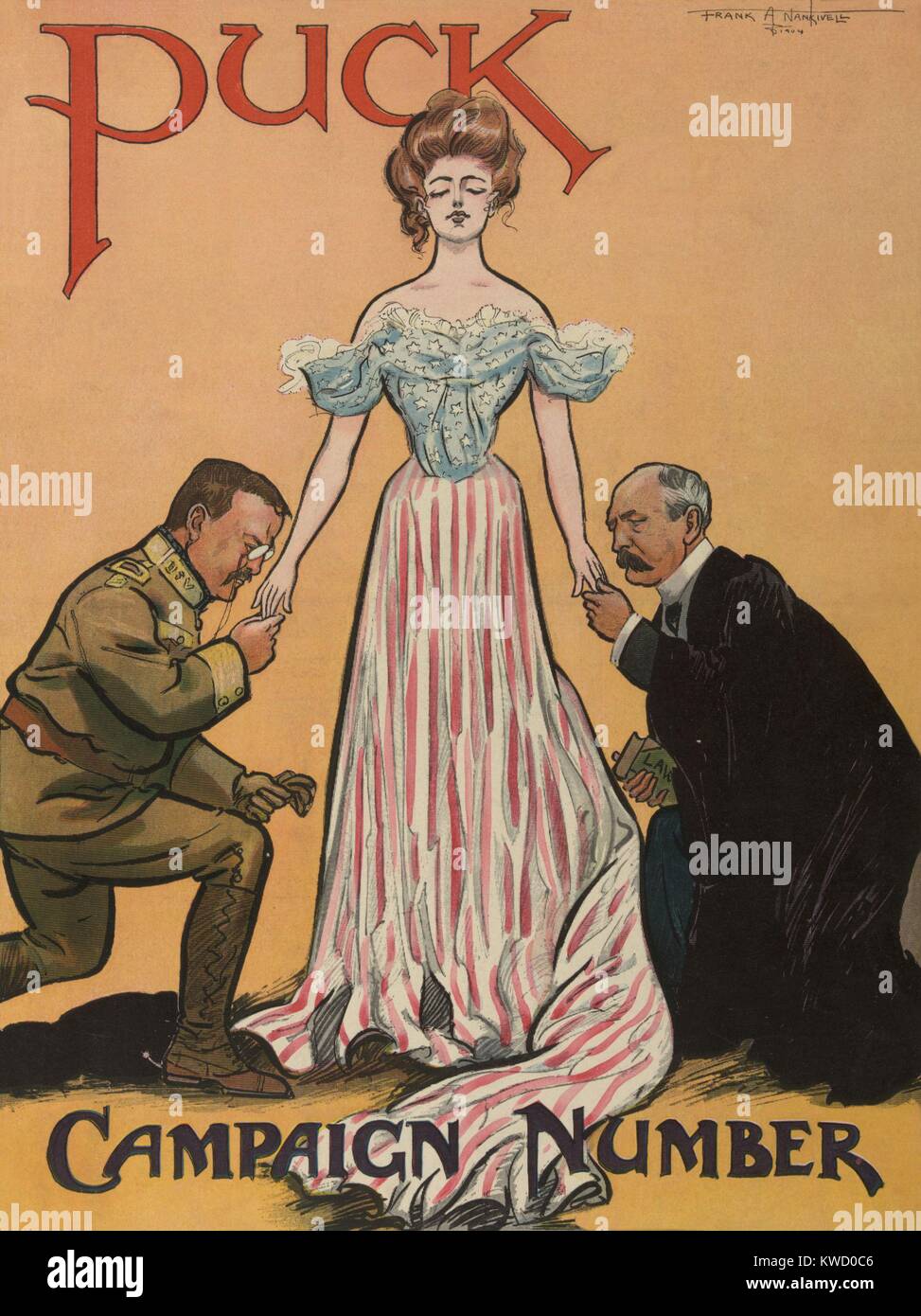 PUCK Magazine cover about the 1904 US Presidential election. It shows Columbia standing between kneeling President Theodore Roosevelt and Democratic challenger, Alton B. Parker, each about to kiss her hands. Roosevelt won with 56% of the popular vote, and Parker lost the election, winning only the Southern states (BSLOC 2017 6 29) Stock Photo
