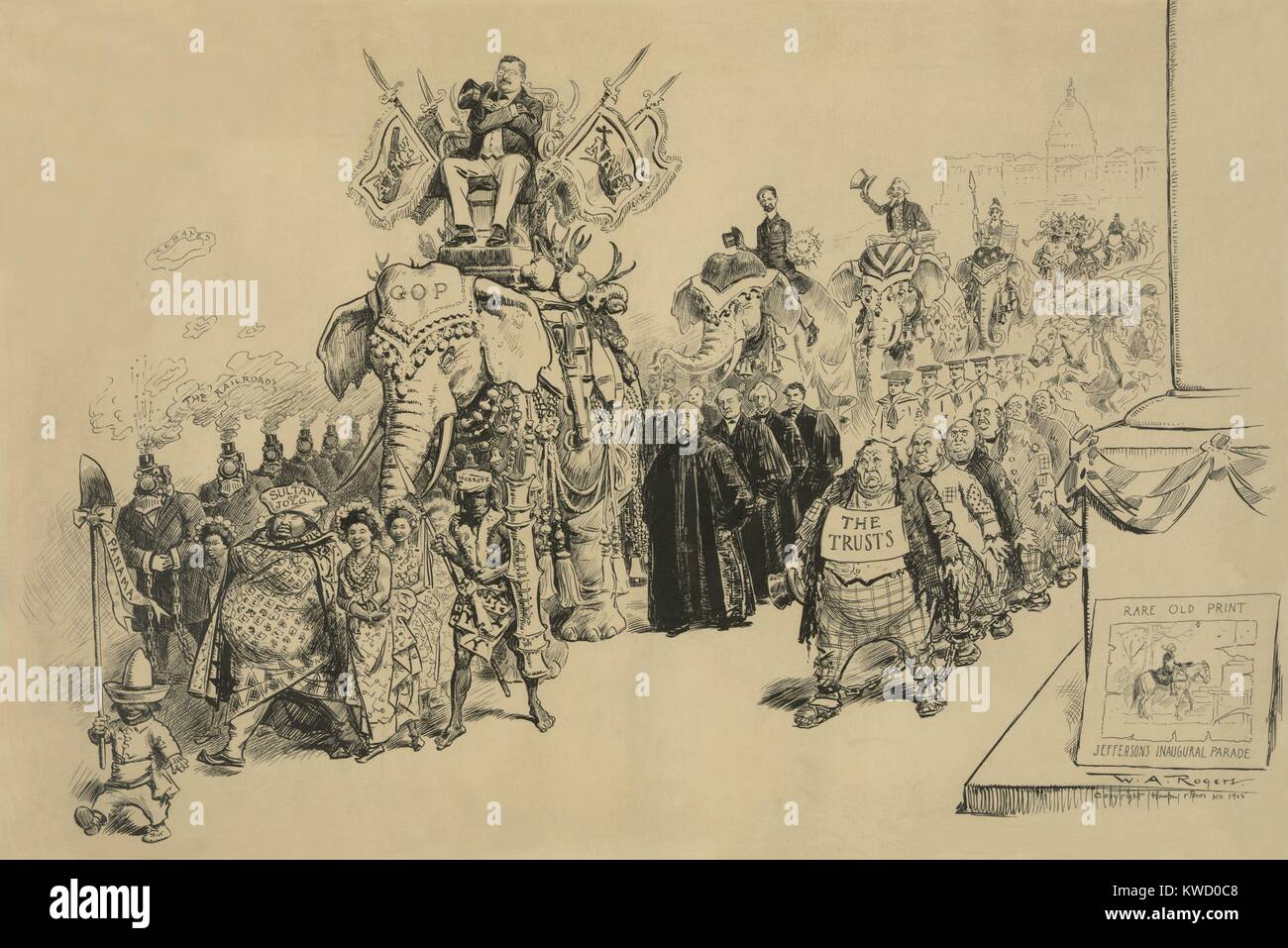 THE GREAT AMERICAN DURBAR, by William A. Rogers, c. 1905. Cartoon showing President Theodore Roosevelt riding in Triumph. Roosevelt leads with VP Fairbanks with Uncle Sam following. Also marching are the railroads in chains and the trusts in tattered clothes. A small man carrying shovel labeled Panama leads the procession. At right is a contrasting image of Thomas Jefferson alone, riding a horse, on his inauguration day (BSLOC 2017 6 30) Stock Photo