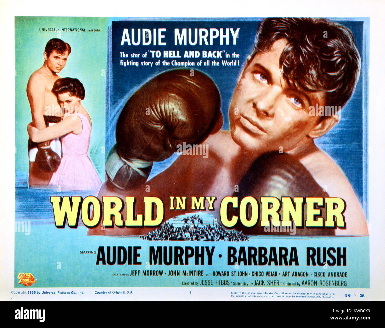WORLD IN MY CORNER, US lobbycard, from left: Audie Murphy, Barbara Rush, Audie Murphy, 1956 Stock Photo