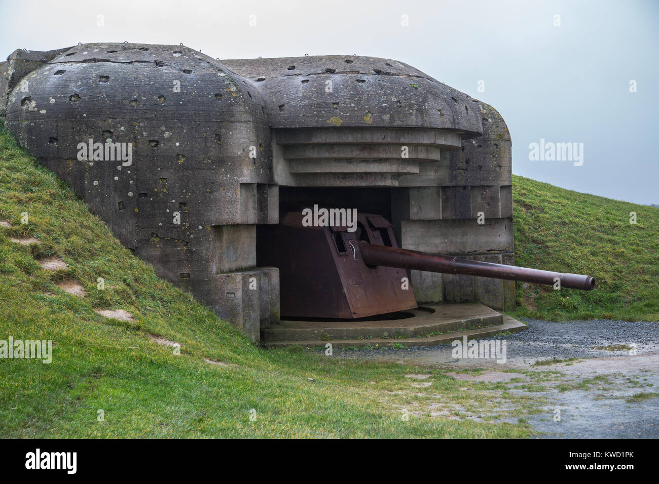 Battery No 4 at Longues sur Mer, Calvados with the remains of its 15cm gun. Stock Photo