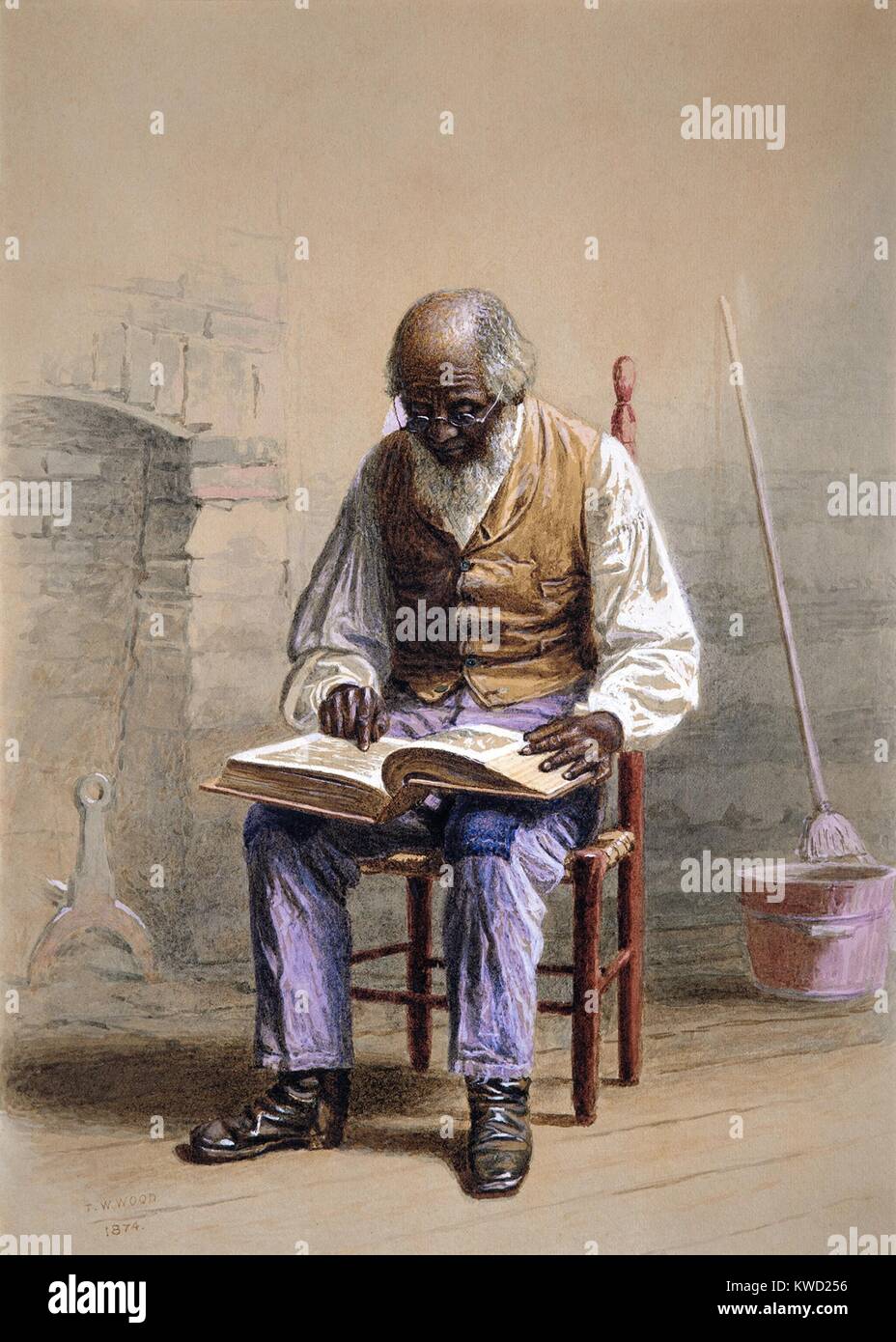 READING THE SCRIPTURES, by Thomas Waterman Wood, 1874, American watercolor painting. The artist grew up in rural Vermont, specialized in depicting African Americans. This painting shows a previously enslaved elderly man reading a Bible. It presents an hopeful theme, of education and religious piety made possible by emancipation  (BSLOC 2017 20 150) Stock Photo
