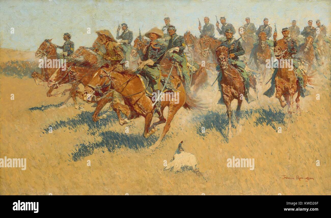 ON THE SOUTHERN PLAINS, by Frederic Remington, 1907, oil on canvas. The painting was originally titled, CAVALRY IN THE SIXTIES, setting it in the war against Plains Indians. The artist depicts the horses and riders in a cluster, instead of their usual attack formation, a straight horizontal line  (BSLOC 2017 20 177) Stock Photo