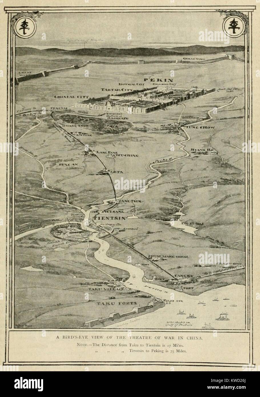 Birds eye view of the theater of war in China during the Boxer Rebellion of 1900. Key points are the City of Beijing (Peking), 102 miles inland; the city of Tainjin (Tientsin) where Boxers and the Chinese Army attacked foreigners; Langfang, where Admiral Seymours advance to Beijing was blocked, and the Dagu (Taku) Forts guarding entry to the interior. The 1963 movie, 55 DAYS AT PEKING, was based on the war  (BSLOC_2017_20_18) Stock Photo