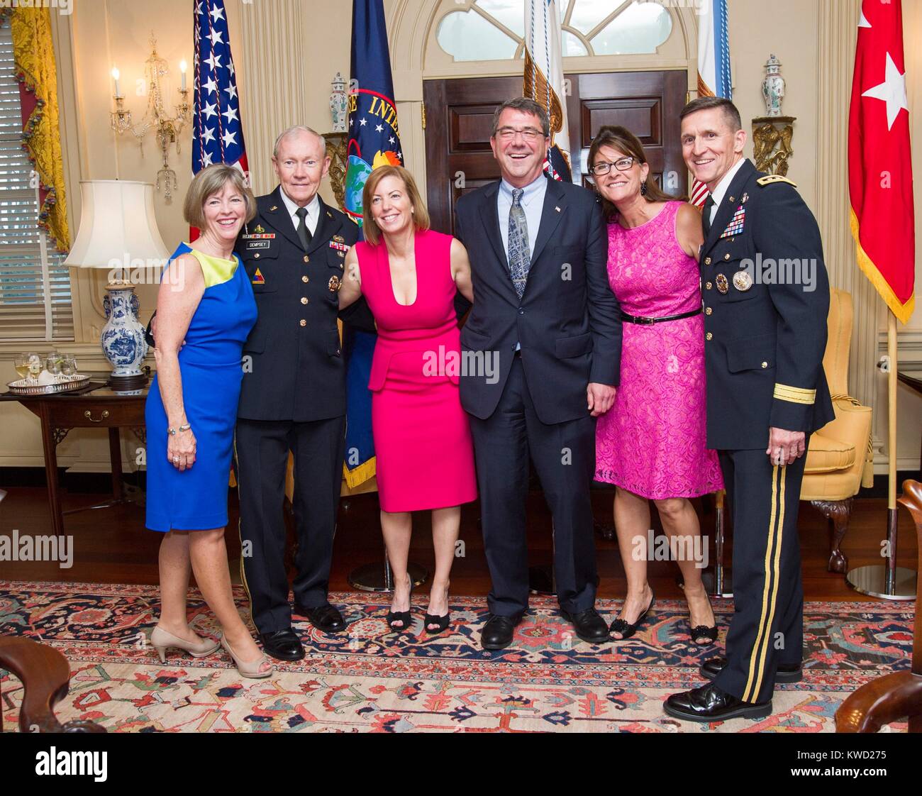 Happy chief defenders of the US with their wives at a reception on June 11, 2013. At the State Dept. event, foreign defense attaches met US Department of Defense leadership. L-R: Deanie Dempsey; Gen. Martin Dempsey, Chrm. Joint Chiefs; Stephanie Carter; Ash Carter, Deputy Sec. Defense; Lori Flynn; Dir. Defense Intelligence Agency, Gen. Michael Flynn  (BSLOC 2017 20 191) Stock Photo