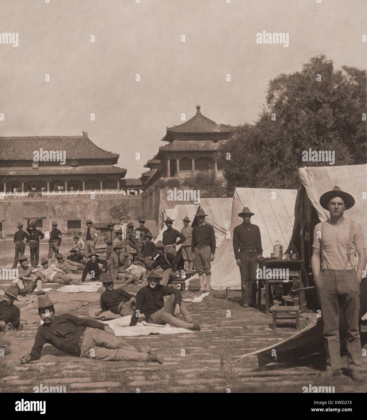 Ninth U.S. Infantry in Camp, in the court of the Forbidden City, Beijing, China, Aug.-Sept, 1900. The 9th Infantry returned to the Philippine Insurrection, leaving the postwar occupation to other allied forces  (BSLOC 2017 20 33) Stock Photo