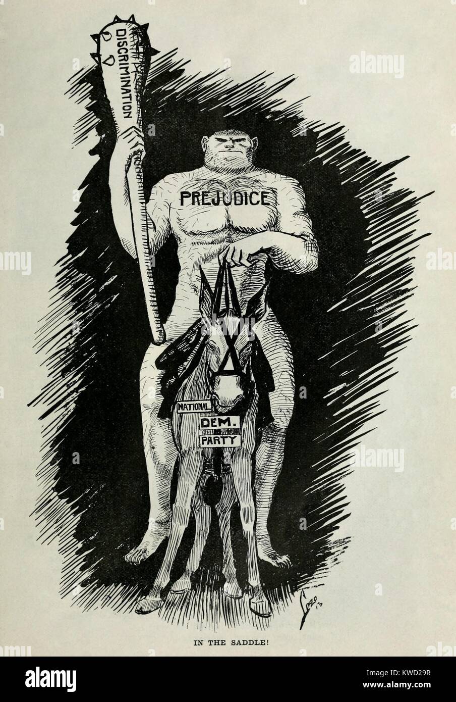 Anti-Democratic Party political cartoon from THE CRISIS, 1910. A brutish figure mounted on a donkey symbolizing the National Democatic Party is armed with a club labeled, DISCRIMINATION.  (BSLOC 2017 20 72) Stock Photo