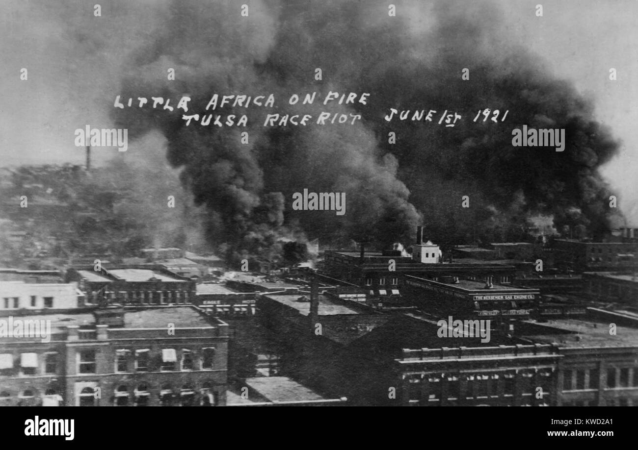 Poatcard title reads: Little Africa on Fire is the description given this photo of the Tulsa Race riot, June 1, 1917. The proper name of the African American section of town was Greenwood  (BSLOC 2017 20 77) Stock Photo