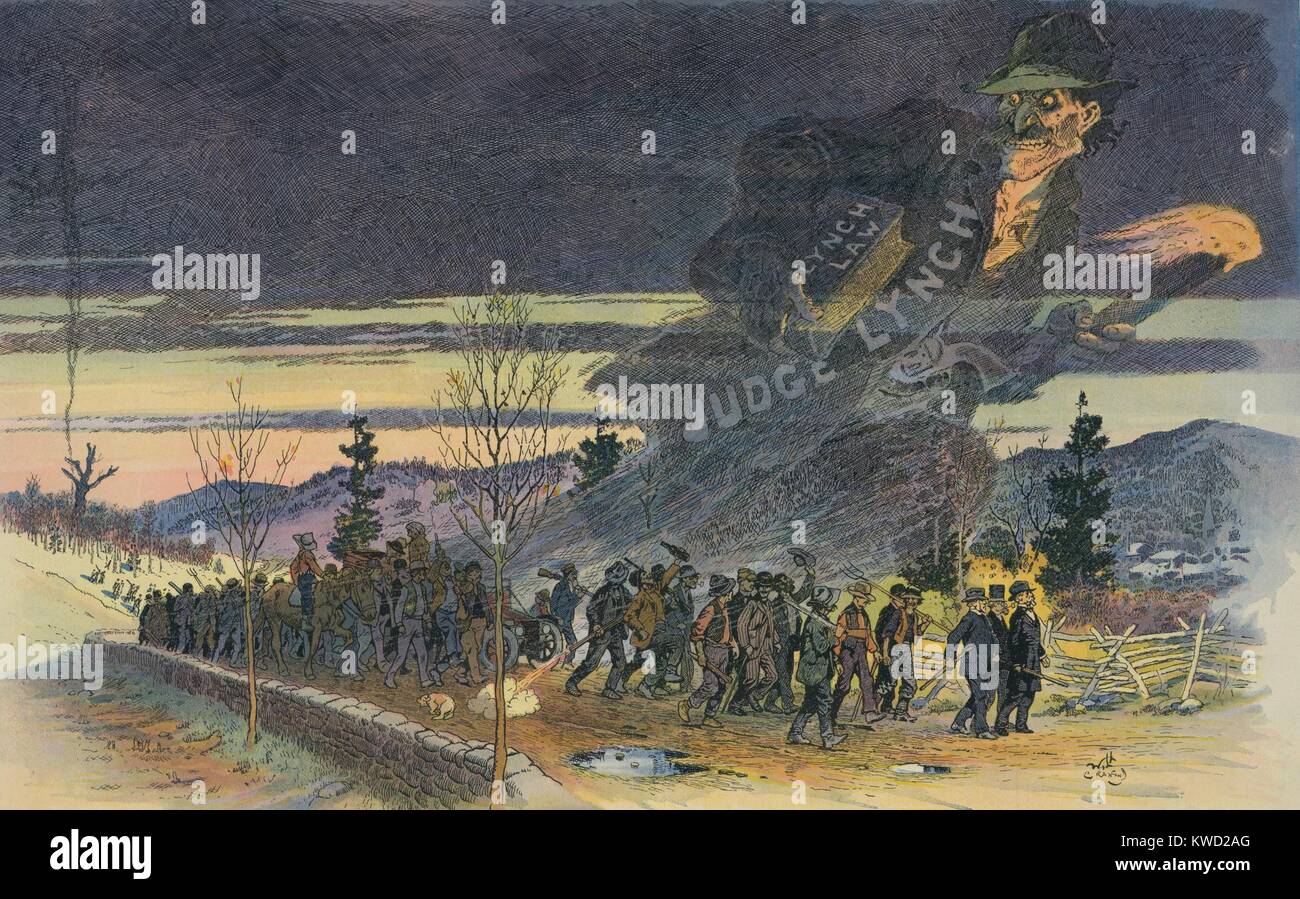 Giant spectral, ‘Judge Lynch,’ holds a book labeled ‘Lynch Law,’ while leading a procession. Behind the variously armed people, in the distance is a small column of smoke, the scene of a lynching. In the early 20th century, Progressives advocated the removal of unfit judges, and more broadly, they sought to abolish lynching by Federal Law. Southern strength in the US Senate made this impossible. 1912 political cartoon  (BSLOC 2017 20 89) Stock Photo