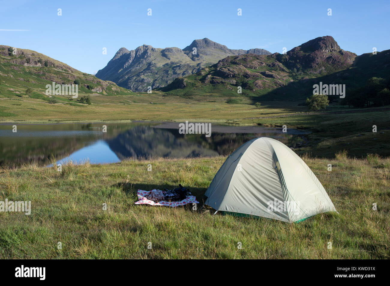 Blea Tarn and Langdale Pikes Cumbria English Lake District England on summer morning with reflections and mountain tent pitched in foreground Stock Photo