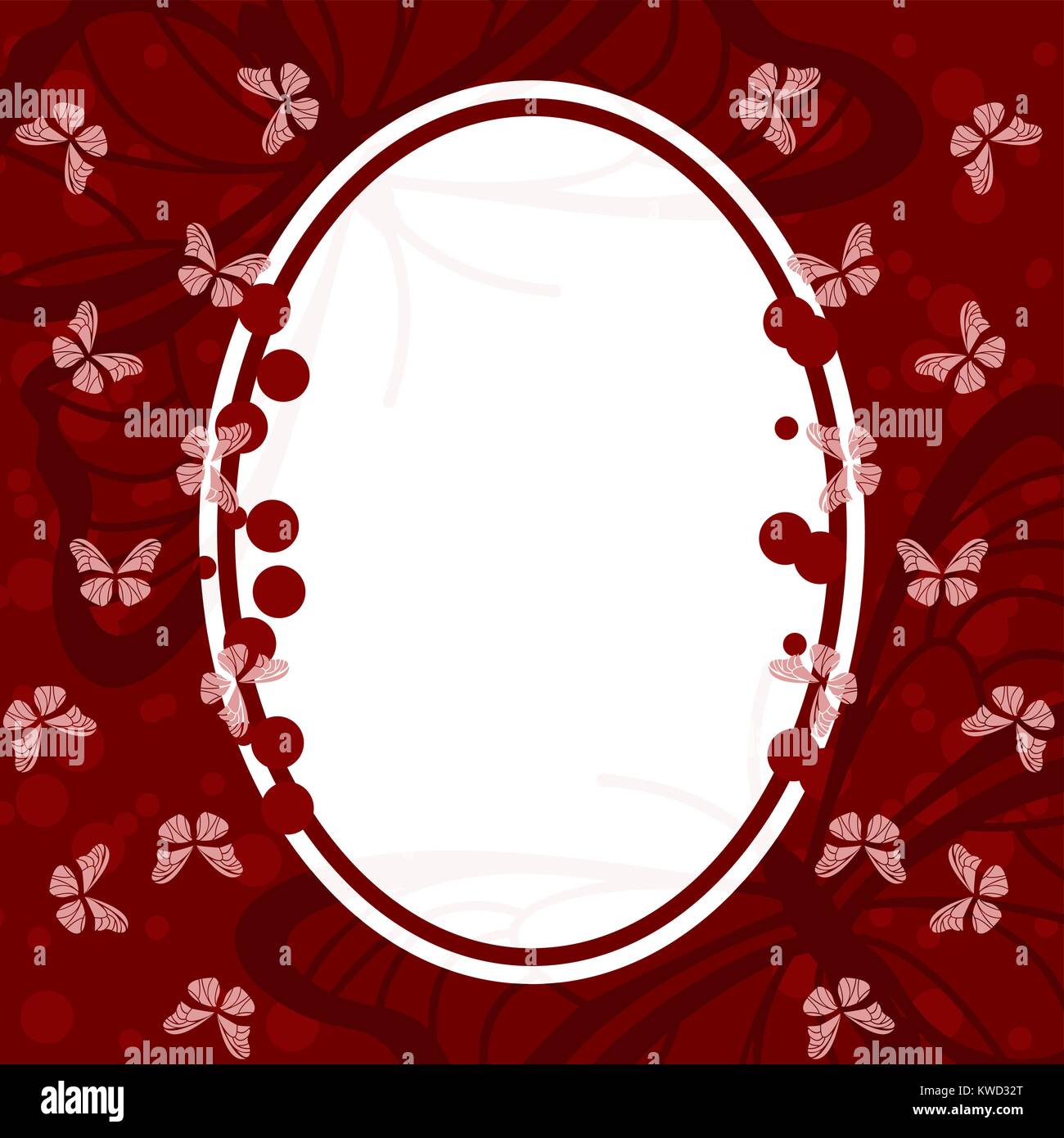 White oval on red background with butterflies Stock Vector